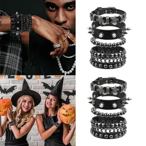 8 Pcs Punk Rock Studded Bracelet Set, PU Leather Cuff Bracelets For Men Women, Rock Punk Goth Style Bracelet for 80s party Accessories, Birthday Gift, Party Favors