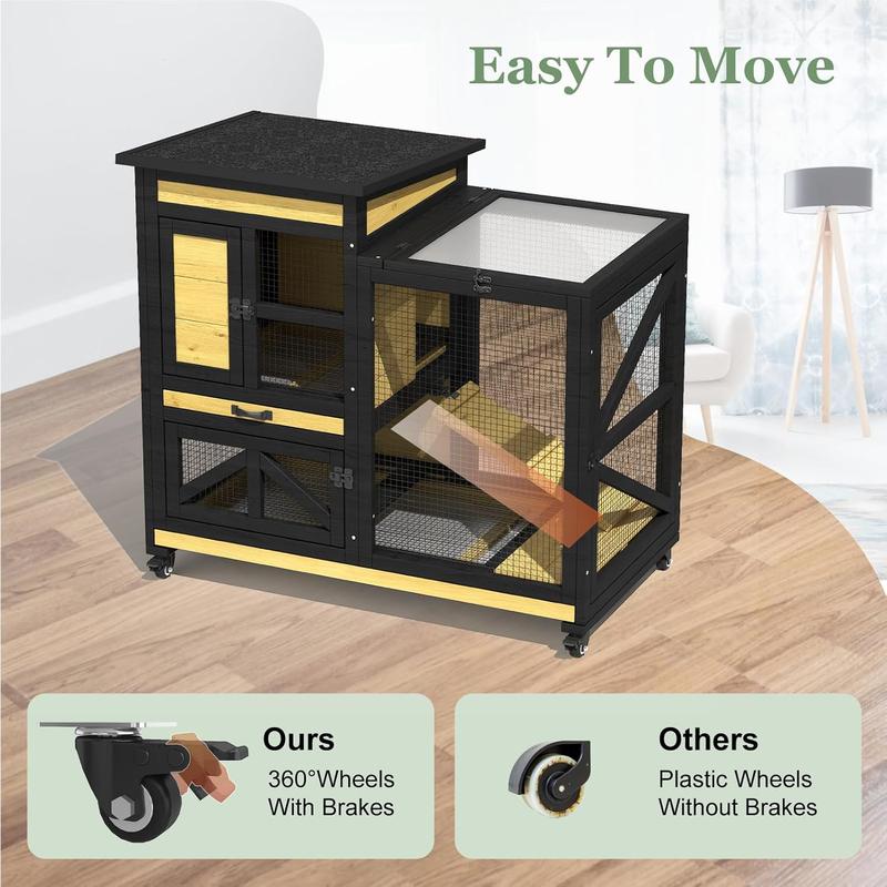 TIMHAKA 46.7" Elevated Rabbit Cage with Run Indoor & Outdoor Use Wooden Design 2 Removable Tray Waterproof Roof 4 Metal Wheels for Small Medium Animals