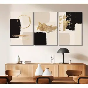 3pcs Modern Abstract Canvas Art Set - Black, White & Golden Geometric Prints with Wooden Frames - Minimalist Wall Decor for Living Room, Bedroom, Office Hanging Gift Artistic Ornaments Decoration Photo
