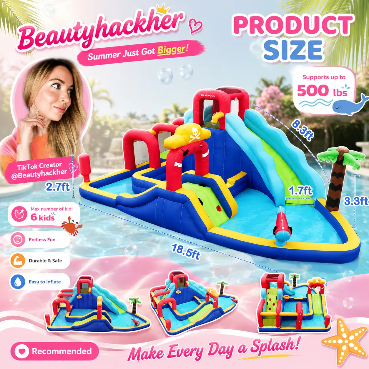 【Beautyhackher Exclusive】Pirate Ship Inflatable Water Slide Bounce House, 10 in 1 Inflatable Water Park with Blower, 2 Slides & 2 Climbing Walls & 2 Water Guns, Deep Pool Giant Splash Pool, Water Slides for Kids Backyard for 6