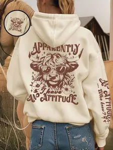 Women's Highland Cow, Animal Attitude Hoodie, Apparently I Have An Attitude Graphic, Arm Lettering An Attitude...Who Knew?, Beige Vintage Farmcore Style, Fleece Lined, Oversized, Loose Country Aesthetic, Perfect for Farm Life, Casual Daily