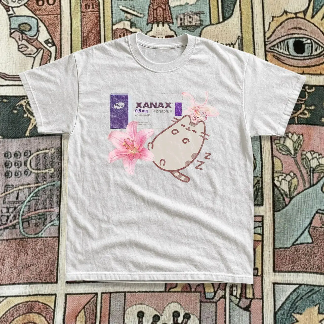 Gildan Women's Multi T-shirt, Viral Xanax Pusheen Parody Tee, Cute Sleepy Cat Graphic T-Shirt, Kawaii Aesthetic Tee, Coquette Shirt, Soft Girl Graphic Tee, Pink Floral Shirt, Y2K Unisex Oversized Tee