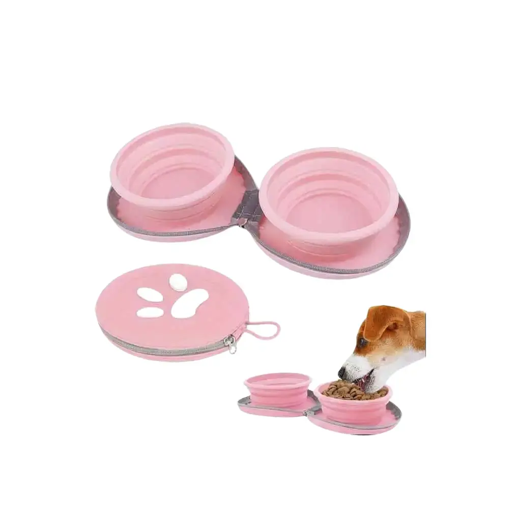 2-in-1 Space-Saving Portable Collapsible Dog Bowl Set with Zipper Pouch - Lightweight, Leak-Resistant, Food-Grade Silicone, Paw Print, Adjustable Depth, Travel-Friendly for Outdoor Camping, Hiking; Cat-Compatible, Space Saver