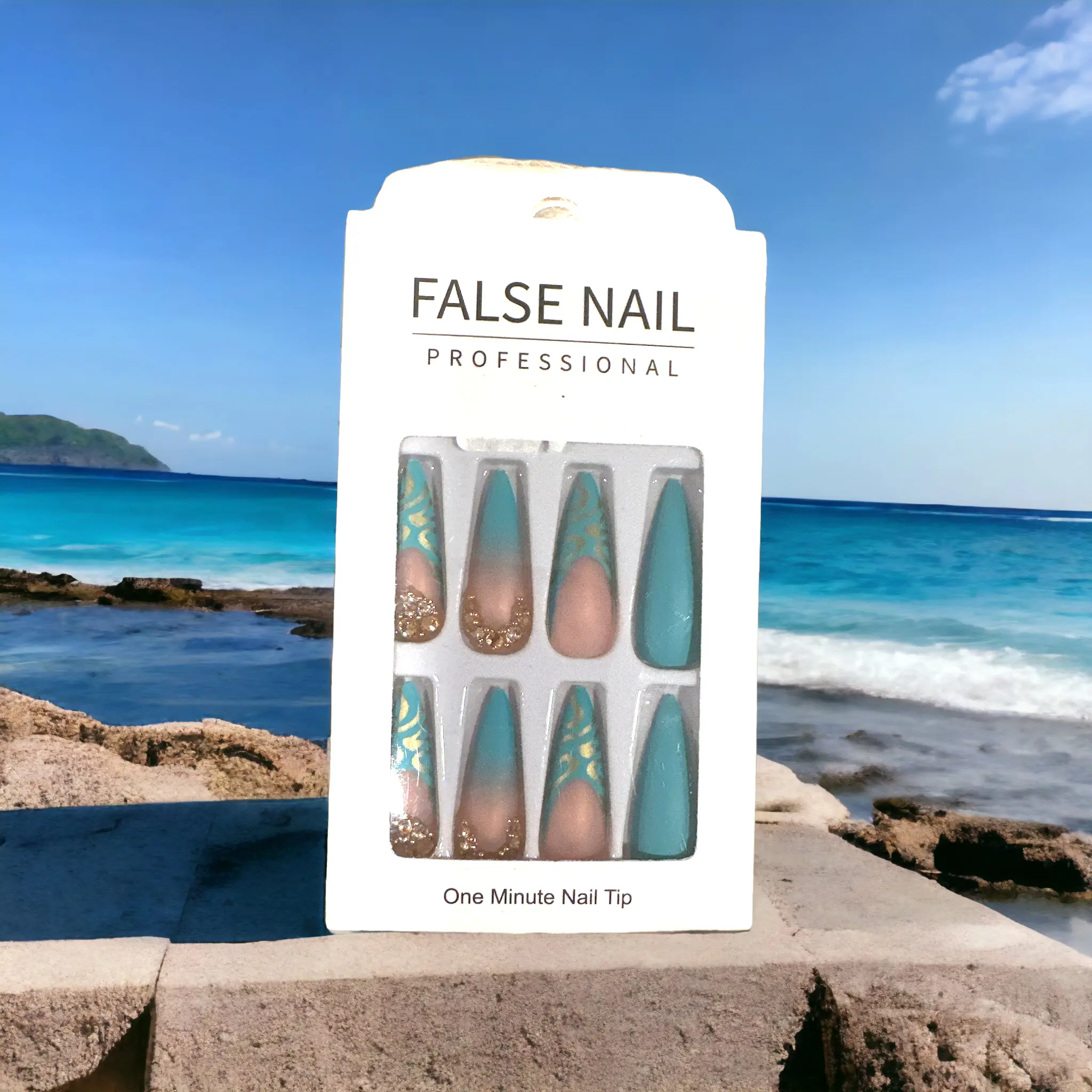 Tropical Oasis Press-On Nail Set – Teal & Gold Leaf Design