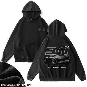 380g Autumn & Winter 911 Cars Washed Hoodie - Basic Style Retro Street Fashion Printed Pullover Sweatshirt