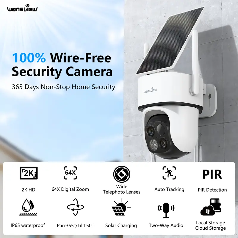 Wansview 2K 3MP Wireless Outdoor Solar Camera, Auto Tracking + Real-Time Alerts + Dual Lens (Wide & Telephoto), 64x Digital Zoom, 360° PTZ, Color Night Vision, PIR & Person/Motion Detection, SD/Cloud Storage(optional), Works with Alexa & Google Home