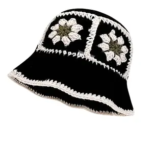 Black-White Hand-Crocheted Floral Bucket Hat