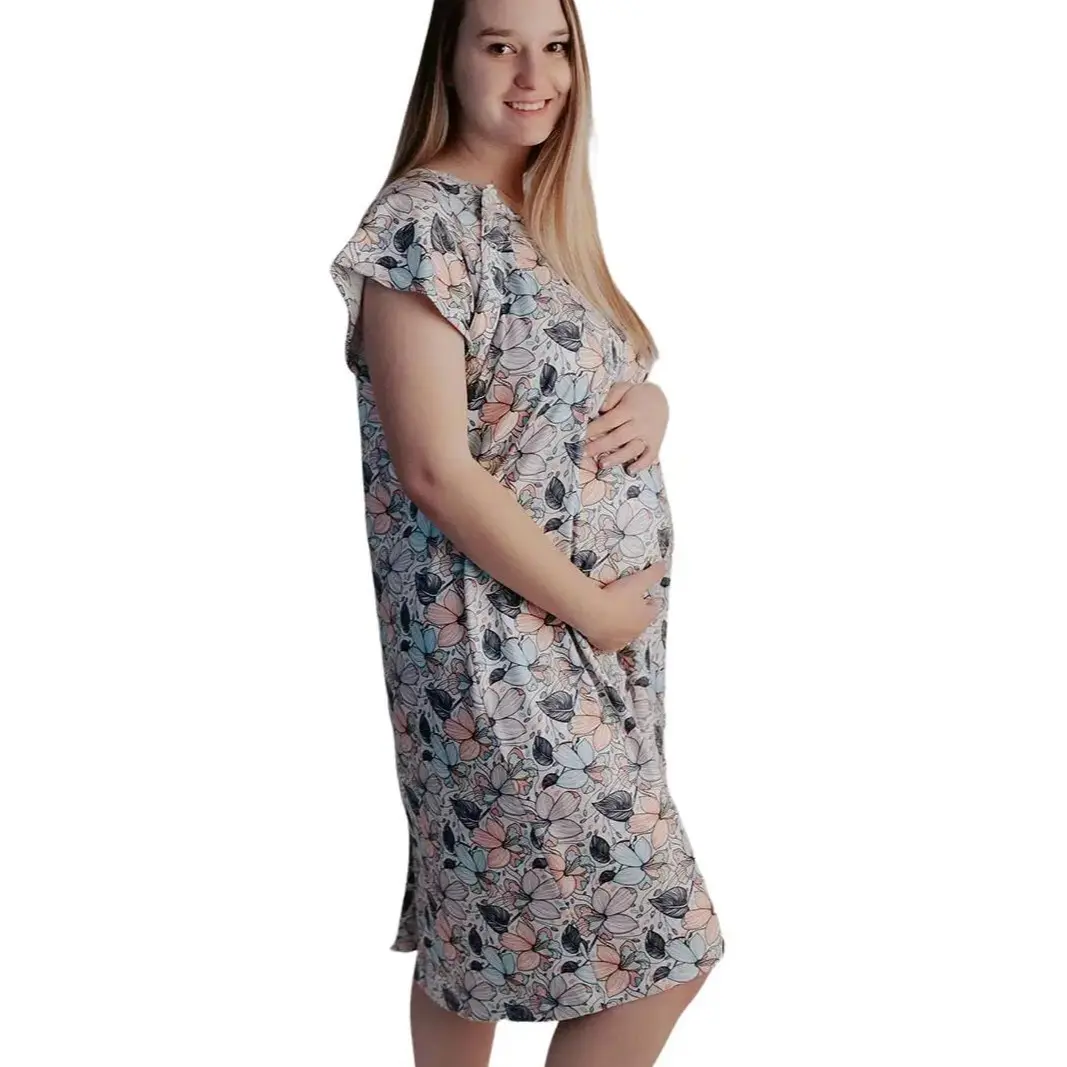 Plus Size Three Little Tots Flower Floral Labor & Delivery Hospital Gown - Stretchy, Breathable and Ultra Soft Comfortable