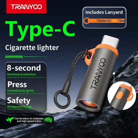 TRANYOO T-E40 Windproof Torch Lighter - Type-C Rechargeable, Electric Arc, 8s Auto-Off Enhanced Safety, Portable, Flameless, Fuel-Free, with Lanyard, Fast Grill Starter, Outdoor Hiking Gadget, Daily Use Unique Gift
