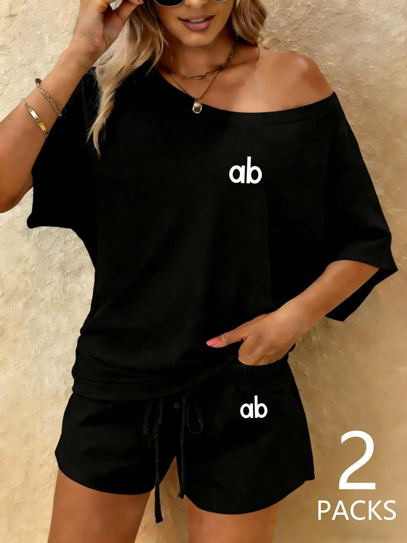 Women's Sportswear Set (shoulder-Exposed Tee + Drawstring Shorts), Loose Fit Breathable Fabric, Casual Summer Workout Set for Daily Wear & Travel