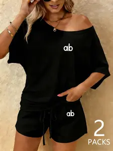 Women's Sportswear Set (shoulder-Exposed Tee + Drawstring Shorts), Loose Fit Breathable Fabric, Casual Summer for Daily Wear & Travel