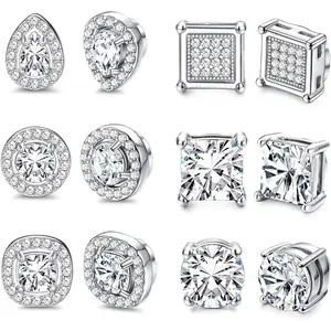 Sanfenly 6 Pairs Magnetic Earrings for Women Men Stainless Steel Cubic Zirconia Stud Round Square Teardrop Earrings CZ Non Pierced Hypoallergenic Fake Earrings Set Gift