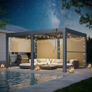 12X16 FT Hardtop Rainproof Pergola - Aluminum Louvered Design, 6-Panel Pull-Down Privacy Screen & Adjustable Roof for Patio/Lawn/Garden
