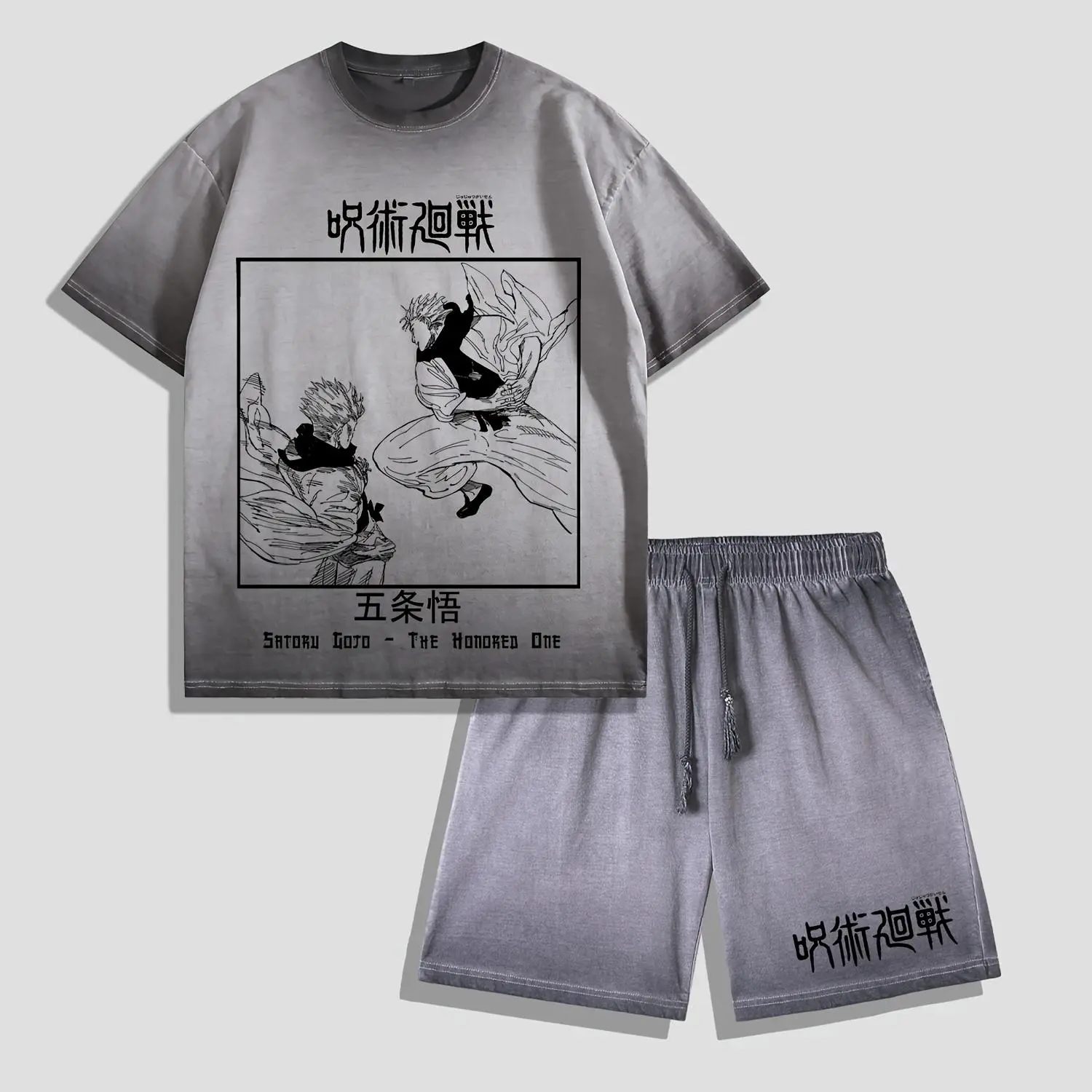 Men's Distressed 2-Piece Shorts Set, Vintage Jujutsu Kaisen Graphic Tee and Shorts, Gojo vs Sukuna Anime Streetwear for Casual Wear, Menswear, Graphic Tee Set, Sports Clothes, Casual Shorts Set