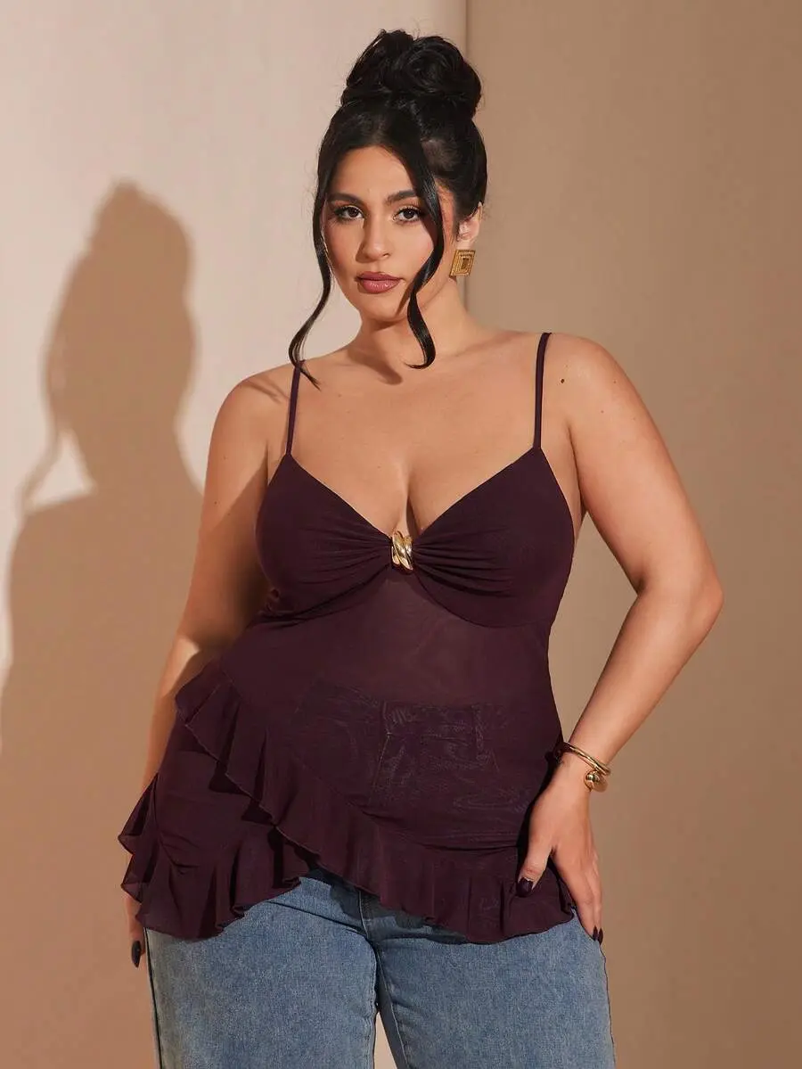 ONYX x  BAE Plus-Size Women's Elegant Dark Purple Ruffled Mesh Bodycon Camisole, Y2K Top With Metallic Embellishment,Summer Night,Spring Break,Valentine's Day