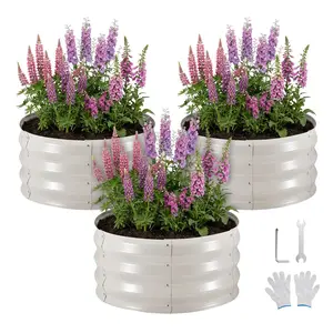 VEVOR 3 Pcs Galvanized Raised Garden Beds, 2 x 2 x 1 ft, Round Metal Planter Boxes Kit Outdoor, Bottomless Elevated Garden Boxes with Gloves, Alu-Zinc, for Planting Flowers Vegetables Herbs, Beige