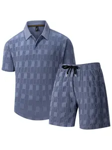 Men's Fashion Blue Gingham Polo Shirt and Shorts Set, Streetwear Retro Business Casual Style, 3D Textured Fabric, Daily Wear