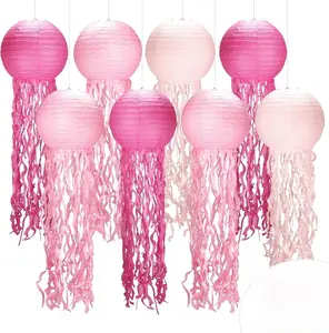 Pink Jellyfish Paper Lanterns – 8-Pack Hanging Under-the-Sea Decorations with Tape & String for Mermaid Birthday, Ocean Theme Party, Baby Shower & Classroom Decor