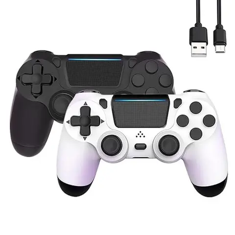 CORESI 2-Pack Plastic Bluetooth Wireless Gaming Twin Controllers, Gaming Pad with 3D Joystick, Color-Changing LED Light, Capacitive Trackpad, Dual-Motor Rumble, Built-in Speaker, Type-C Cable for PS4/Slim/Pro, Windows PC (Black & White)
