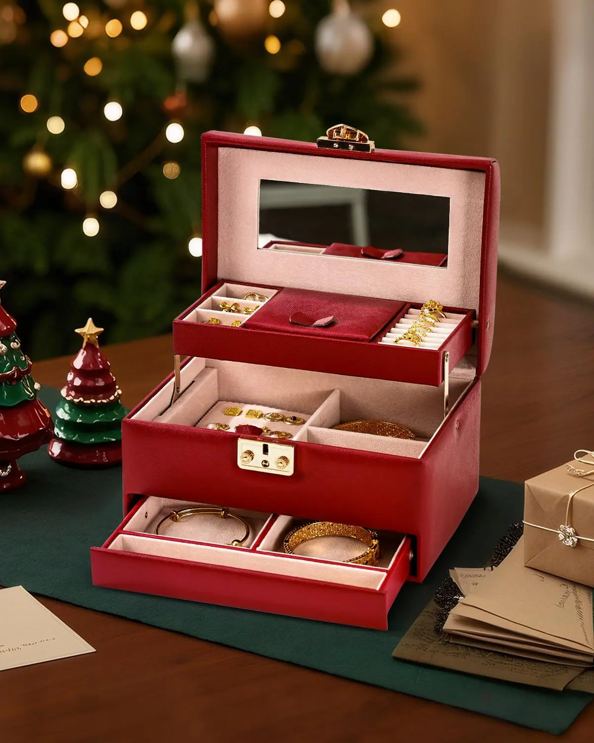 Leather 3-Layer Self-Opening Jewellery Box with Heart Lock, Recyclable Home Supplies Organizer, Best Christmas Gift for Her, Modern