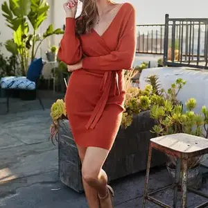Bold Rust Knit Sweater Dress - Long Sleeve V-Neck Wrap Style with Tie Belt Accent & Mid-Thigh Length for Layering