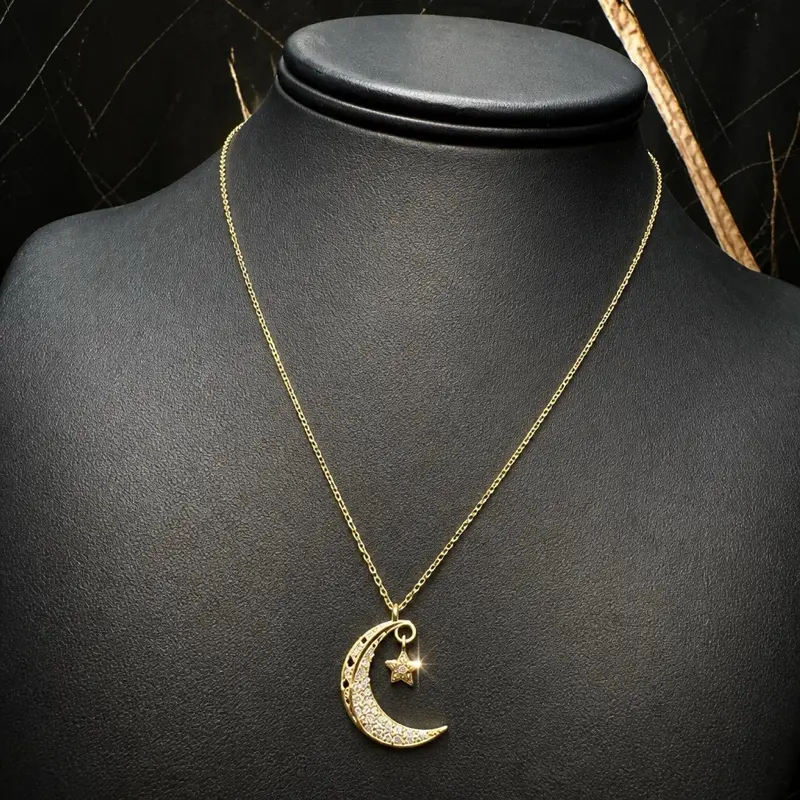 Elegant Moon and Star Pendant Necklace in Gold Tone with Delicate Chain for Women's Fashion Jewelry