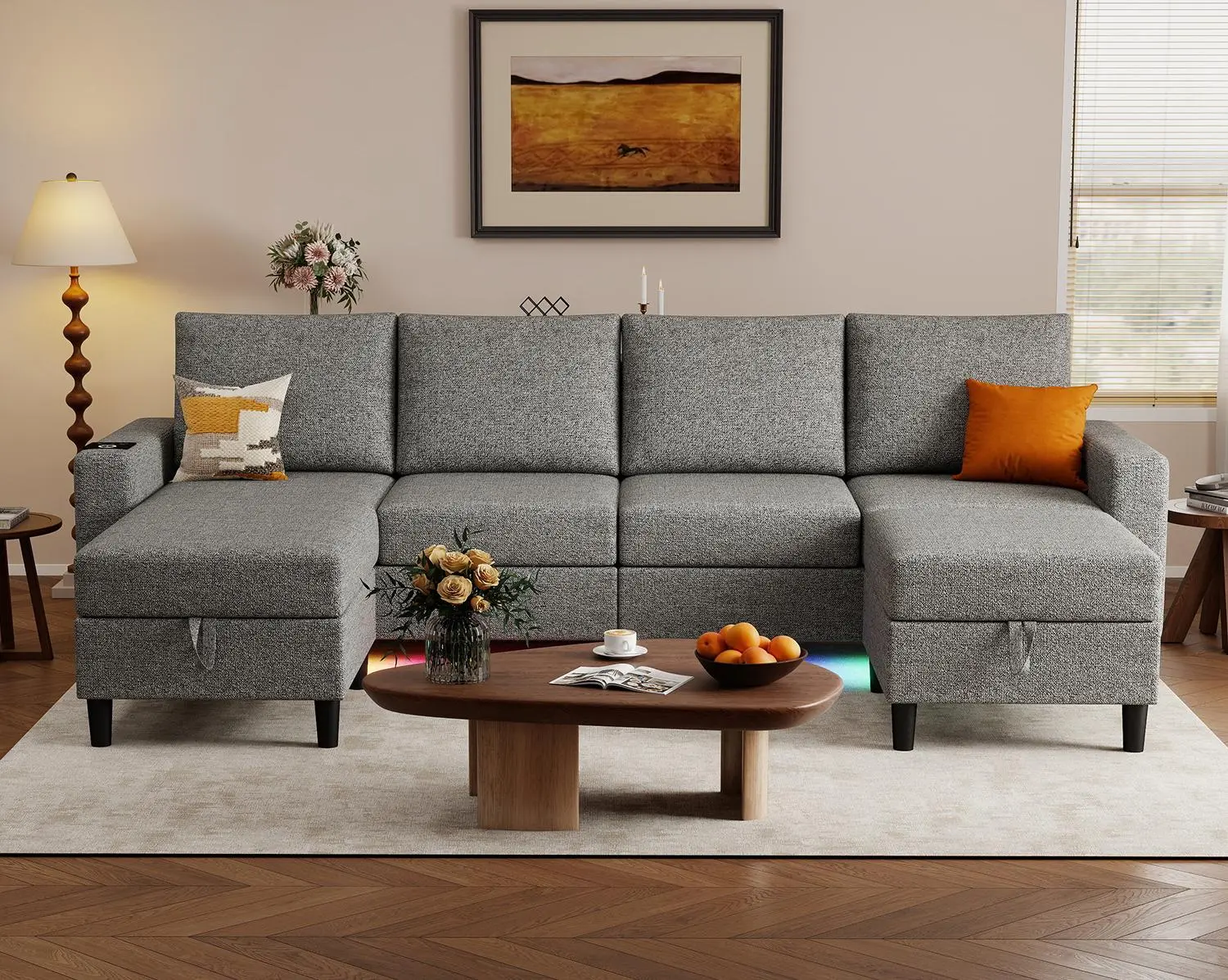 109" Foldable L-Shaped Corner Sofa Bed with Dimmable LED Ambient Lights, Wireless Charging Function, Hidden Storage Ottoman, Convertible Sectional Couch, Available in premium  thick linen fabric & chenille fabric. Modern Upholstered Sofa for Apartment