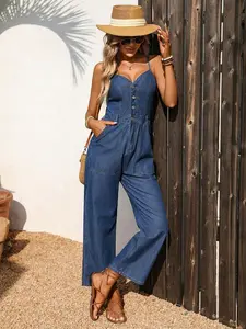 Women's Casual Daily Button Half-Placket Spaghetti Strap Denim Jumpsuit, Summer Women Denim Jumpsuit
