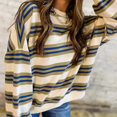 Round Neck Drop Shoulder Striped Long Sleeve Fitted Pullover Knit Sweatshirt, Cozy Knitwear, Casual Pullovers, Casual Fashion for Men & Women, Comfortable Everyday Wear Apparel, Spring, Womenswear