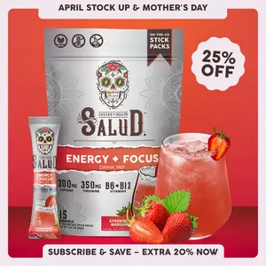 Salud 2-in-1 [Energy + Focus – Strawberry Margarita] Clean Energy Drink Mix, Agua Fresca, Organic Caffeine, B6 & B12, L-Theanine, Drink Packets, Non-GMO, Gluten Free, Vegan, Low Calorie, 1g Sugar (15 Servings)
