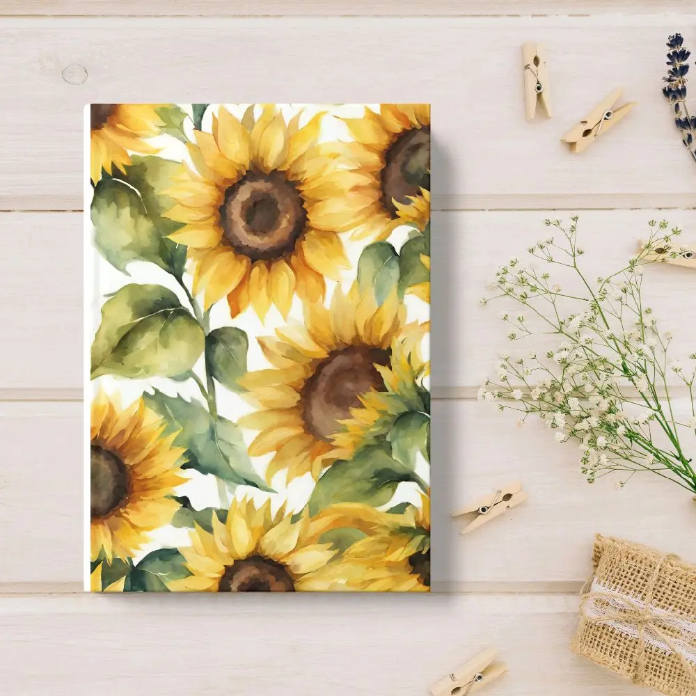 Minimalistic Rectangular Notebook - Bright Yellow Sunflower Floral Cover, White Pages, Non-Customized Standard Office Stationery for Daily Writing Tasks, Journaling