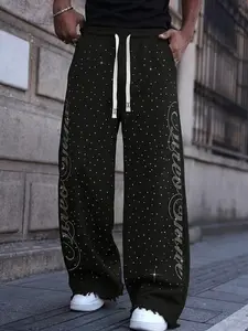 Men's Rhinestone Studded Drawstring Wide Leg Sweatpants, Y2K Streetwear Rhinestone Flared Track Pants, Black Oversized Trousers, Graphic Pants, Perfect for Street Style, Daily Wear #springsaledeals2026 #summeroutfits #tiktokshopmademebuyit #streetwear