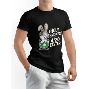 Funny Men's 420 Easter Bunny Graphic T-Shirt - "Sacred Smoke!420 Easter Novelty Print, Short Sleeve Casual 100% Cotton T-Shirt, Perfect for Easter Gifts, Boyfriend or Lover, Ideal for Holidays and Summer Wear Men'S T-Shirts Comfort Wear Casual Short-Sleev