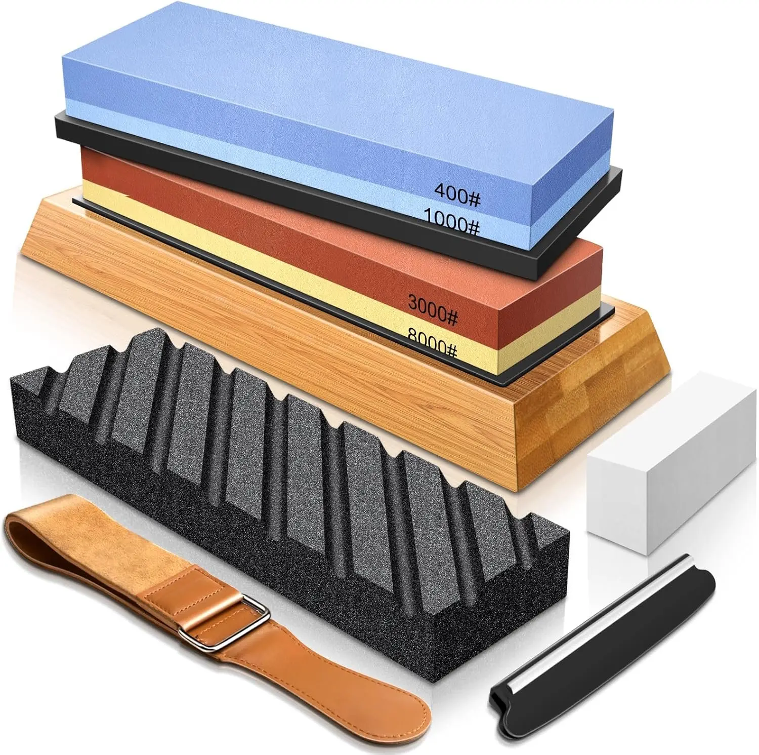 Complete  Sharpening Stone Set  Dual Grit Whetstone 400/1000 3000/8000  Sharpener with Leather Strop, Flattening Stone,  Base, 3 Non-slip Rubber Bases & Angle Guide