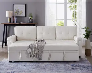 Multifunctional Sectional Sofa with Pull-Out Sleeper Bed & Hidden Storage – Reversible Chaise White, Air Leather – Space-Saving, Durable, Stylish & Easy DIY Assembly for Apartments & Small Homes