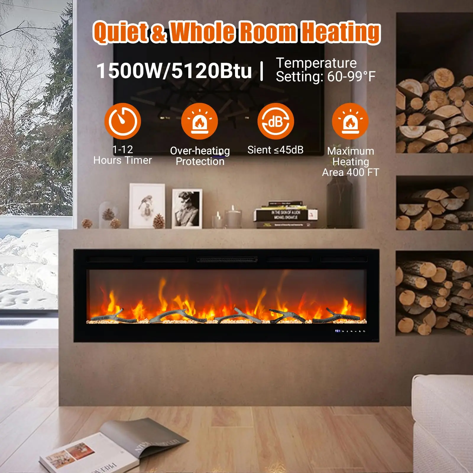 【Christmas Gift】60-Inch Linear Electric Fireplace, Recessed or Wall-Mounted, Dual Heat 750/1500W, 12 Flame Effects, Remote Touch, Adjustable Thermostat, Timer