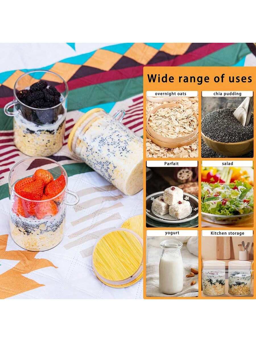 TUMATICLY 8PCS Glass Food Storage Containers (4 Cups   4 Lids), With Lids And Spoons, Overnight Oats Jar With Lid And Spoon Chia Pudding Salad Glass Jar With Lid And Spoon, Bamboo Lid Oatmeal Coffee Flour Bread Starter Storage Container With Lid
