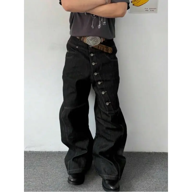 American-style curved long design men's jeans, niche retro casual pants, loose wide-leg floor-length trousers