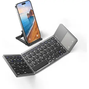 Foldable  Keyboard with Touchpad, Portable  Keyboard with Stand Holder, Rechargeable Full Size Ultra Slim Pocket Folding Keyboards for Android Windows IOS Tablet & Laptop-Gray