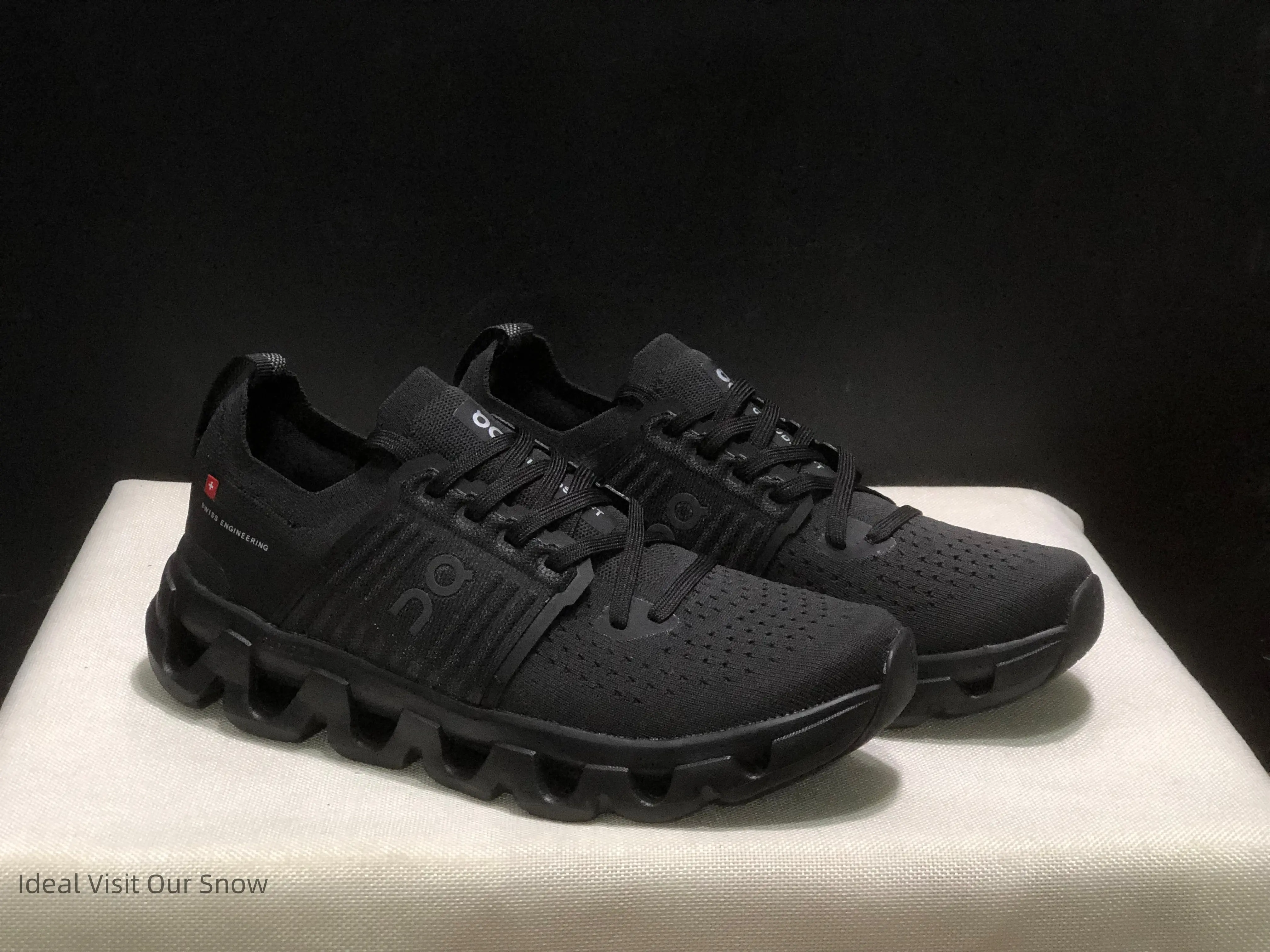 Stretch Knit Performance Outdoor Running Trainers, Solid Black Non Slip Wave Outsole Gym Workout Walking Footwear