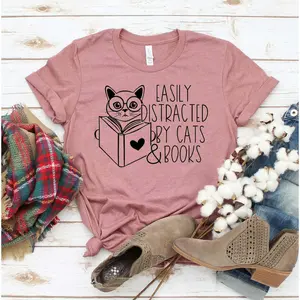 Easily Distracted By Cats & Books T-shirt favorite shirts Cotton Womenswear Comfortable Print Soft Garment Tshirt Top