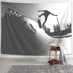 Black White Skateboard Tapestry Wall Hanging - Polyester Print of Skater Doing Kickflip on Venice Skate Park Ramp, Machine Washable Home Decor for Bedroom & Dorm, Ideal Gift for Skate Sports Enthusiasts
