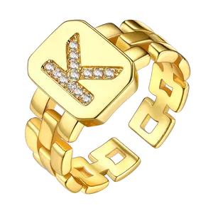 Custom4U Alphabet A-Z Initial Letter Unisex Adjustable Open Ring With Cubic Zirconia Stackable Gift for Women