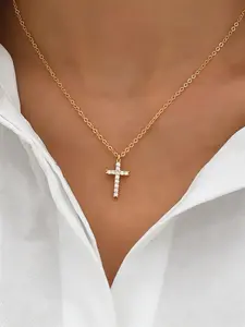 Elegant Cross Pendant Necklace with Zirconia, Minimalist Style, Fashionable Women's Chain, Versatile Alloy Accessory, Ideal Gift