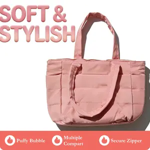 Pink SummerVibes  Tote Bag Quilted Shoulder Handbag for Women Lightweight Travel Work Organize Zipper Closure Durable Minimalist Casual Shopping Bag Multifunctional Portable Puffy Bubble Design, Multifunctional Portable Bag,summervibes