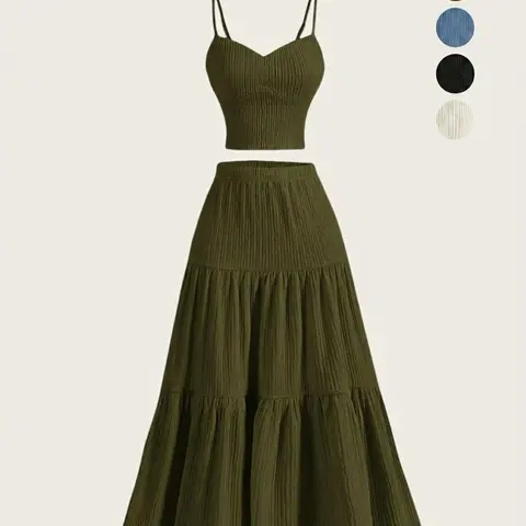 Women's Solid Woven Crop Cami Top & A-line Skirt Two-piece Set, Casual Fashion Cozy Two Piece Outfits for Daily Outdoor Wear, Ladies Clothes for Summer Chic Chic Chic Suits Suits