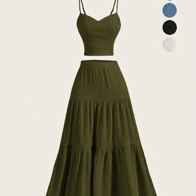 Women's Solid Woven Crop Cami Top & A-line Skirt Two-piece Set, Casual Fashion Cozy Two Piece Outfits for Daily Outdoor Wear, Ladies Clothes for Summer Chic Chic Chic Suits Suits