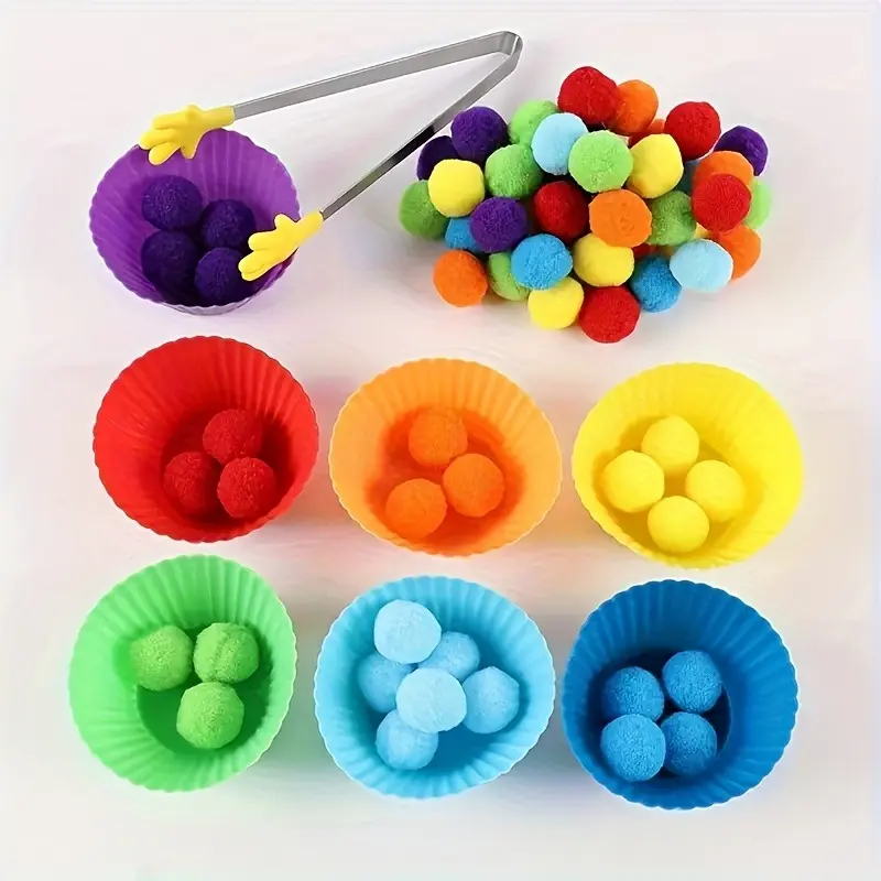 78-piece Fine Motor Skills Activity Set with 7 Color-coded Sorting Bowls, Tweezers, and 70 Colorful Pom-poms/beads - Sensory Learning, Counting, Matching, Tactile Play, Therapeutic Education Kit