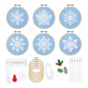 6 Sets Winter Christmas Embroidery Kit for Beginners Snowflakes Cross DIY Needlepoint Kit with Patterns Instructions Embroidery Hoops Threads Needles Needle Threader Ropes Ribbon(Blue)