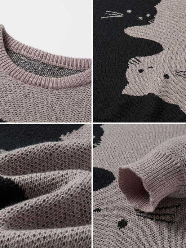 #Springfresh Love Men's Cartoon Cat Jacquard Round Neck Sweater Loose Casual Long Sleeve Knitted Sweater Autumn/Winter Fashion Men's Knitted Sweater Daily Wearing Pullover Top Same Style for Men and Women Party Leisure Halloween Academy Style Work Outdoor